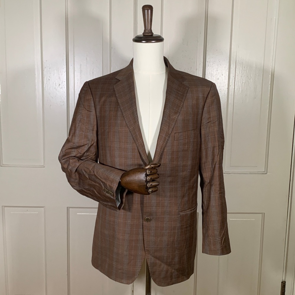 Reda Super 130s Wool Blazer Mens 44R Brown Plaid Ibiza Teramo Sport Coat